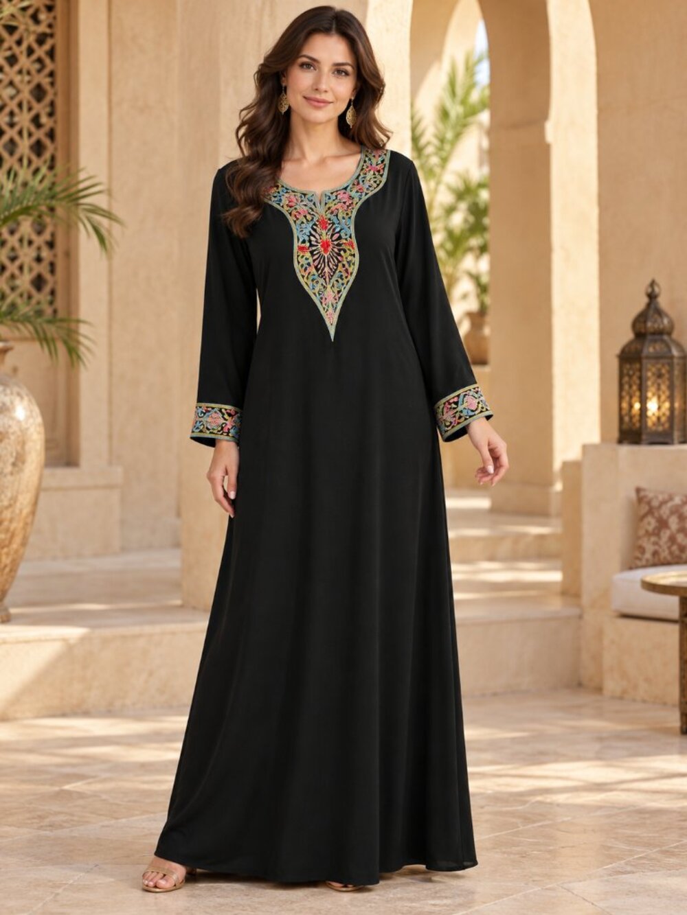 Sadan Floral Embroidered Black Maxi Abaya Kaftan Dress Boho Folk Egyptian 48